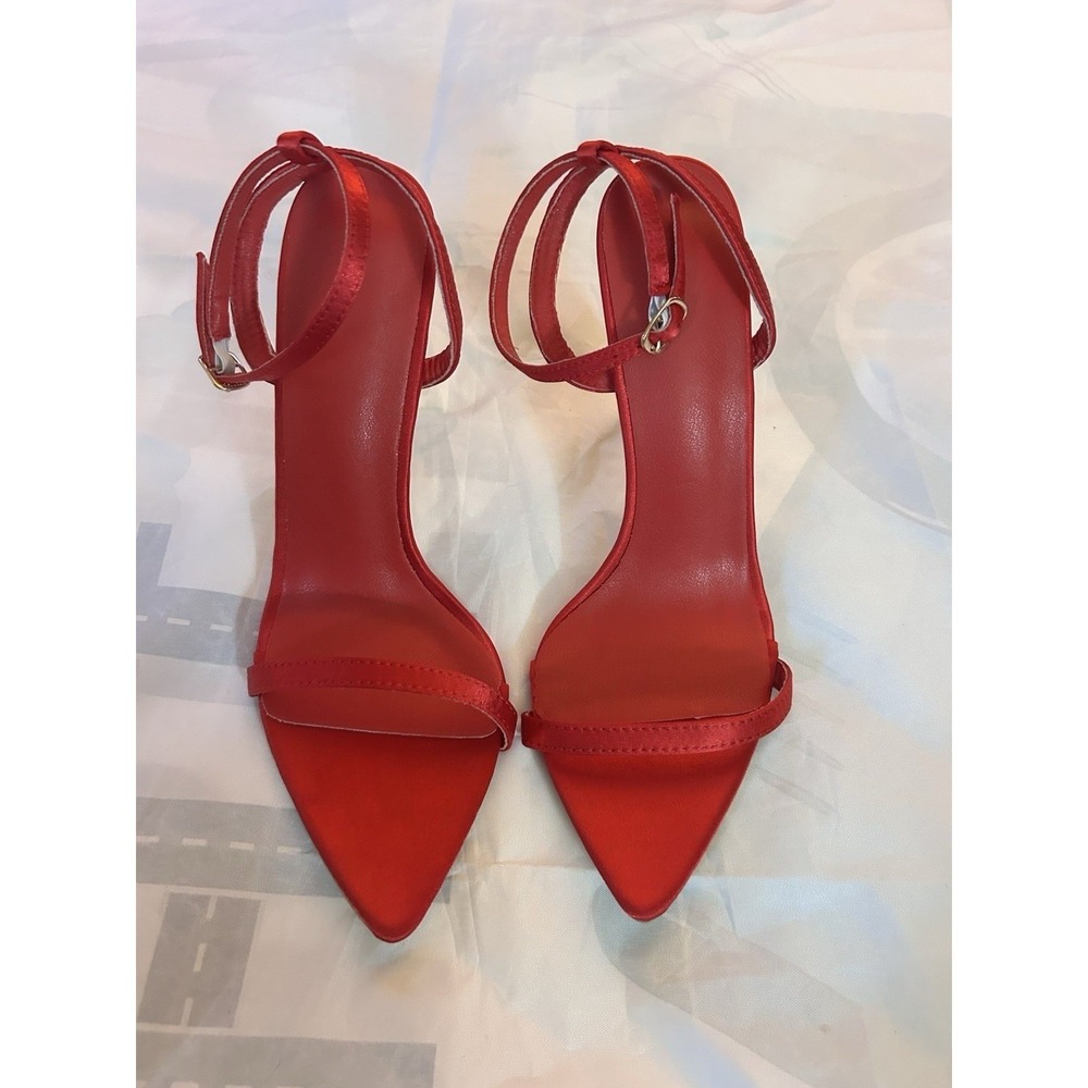 Women's Red Ankle Strap‎ Stiletto Heels Size 40 US 7.5 Gold Heel Open Toe